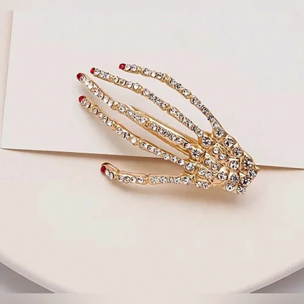 Skeleton hands Halloween hair clips rhinestone studded gold​​ Red Nail New x2